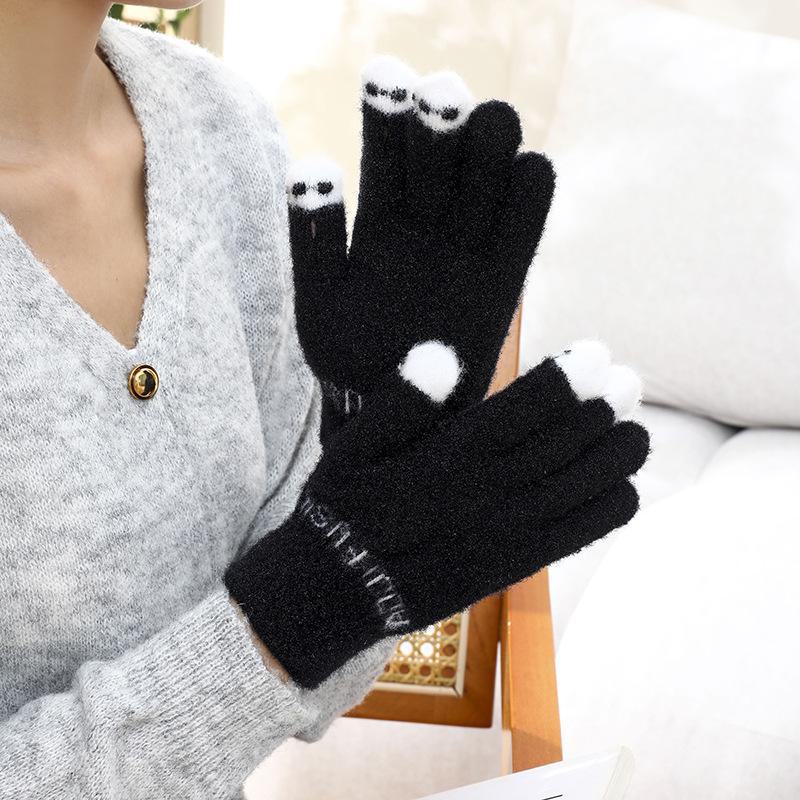 Милые шерстяные перчатки без пальцев с мультяшным принтом для осени и зимы - теплые, универсальные, морозостойкие вязаные перчатки для студентов