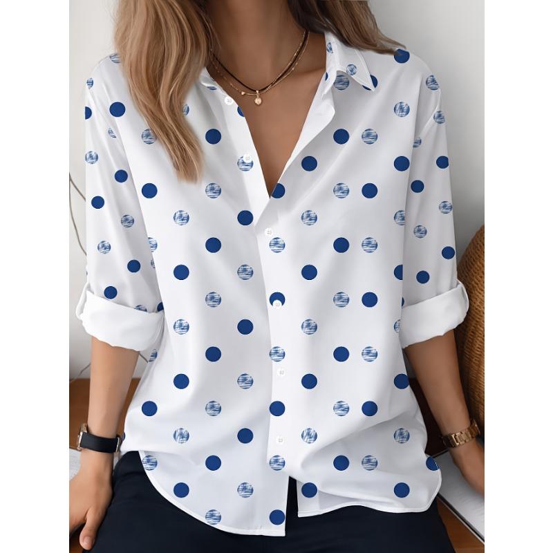 Women's fashionable polka dot printed long-sleeved shirt casual simple commuting temperament lapel shirt white blue dot all-match top
