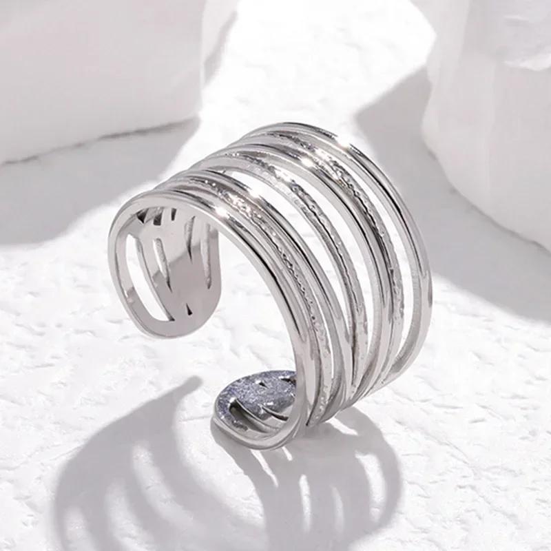 Temperament Multilayer Line Hollow Opening Wide Rings for Women Men High Quality Stainless Steel Party Finger Jewelry Colorfast