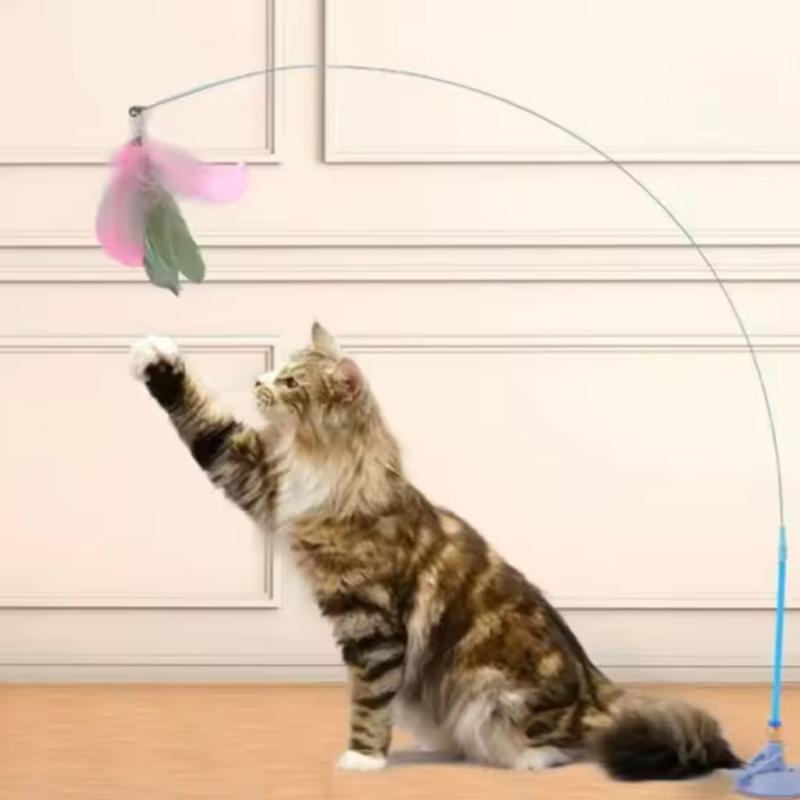 Pet Toy Teasing Cat Stick Feathers Wand With Bell Interactive Toys Kitten Playing Suction Cup Toy Play With Cat Pet Accesorios