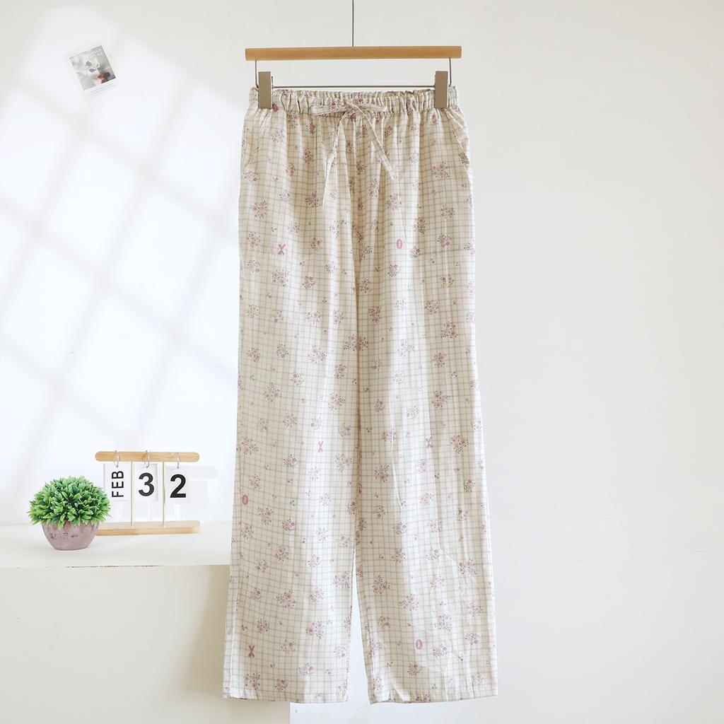 Женские штаны-пижама Весна/Лето 2026 100% хлопковая марля с цветочным узором в клетку Тонкие домашние штаны Низ женский