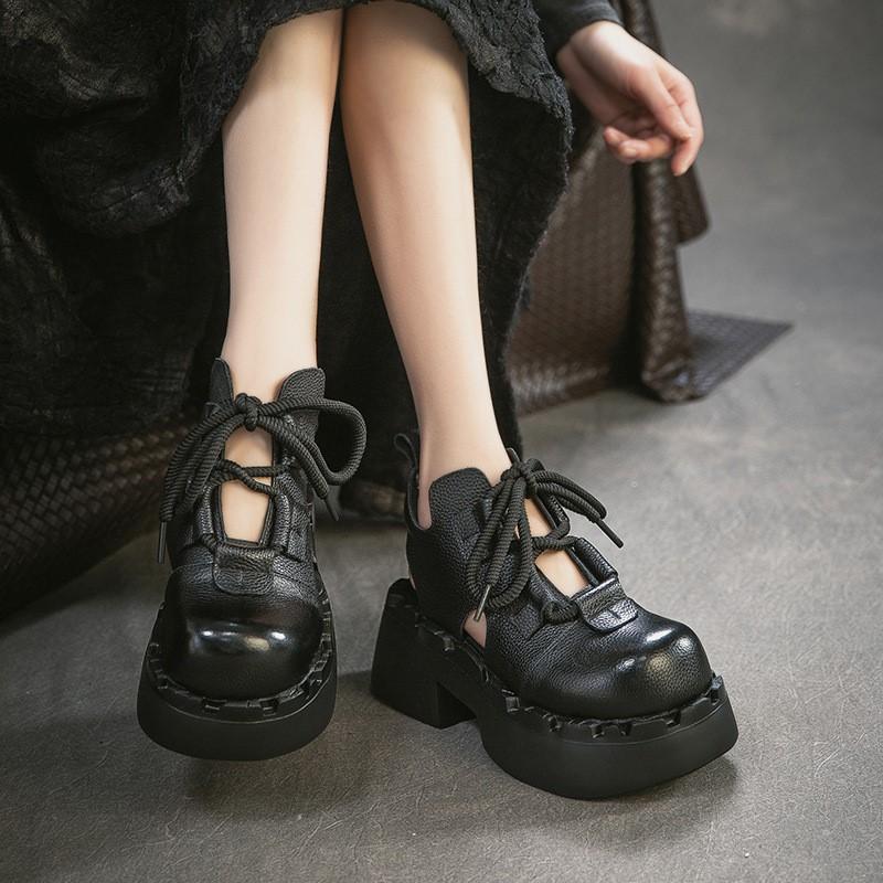 Johnature Ретро Сандалии из Натуральной Кожи с Вырезами Круглый Носок На Шнуровке Толстая Подошва Женская Обувь