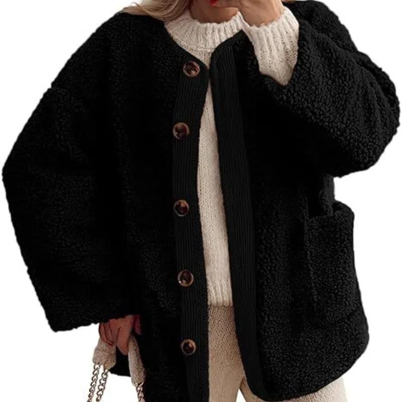 Женские теплые зимние пальто Повседневные с длинным рукавом на пуговицах Пушистые куртки из флиса Шерпа Верхняя одежда