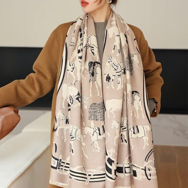 Толстый теплый зимний шарф, роскошный дизайн, принт лошади, женский кашемировый шаль из пашмины, женские шарфы с запахом, женский платок, одеяло, пончо