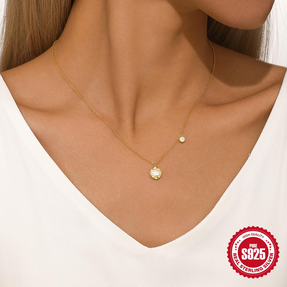 Fashion S925 Sterling Silver Five-Petaled Flower White Shell Style Simple Temperament Classic Women'S Collarbone Necklace Women