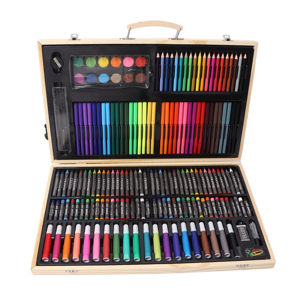 Kids Drawing Kit Wood Box Packed Assorted Bright Colors Multi Purpose Wooden Art Set for Children