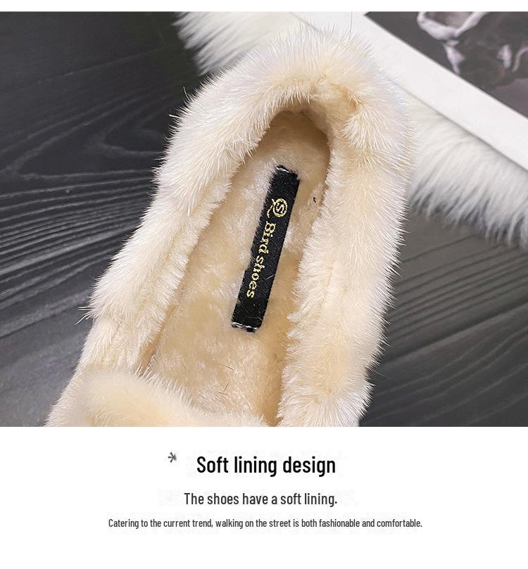 Зимние женские мокасины в корейском стиле из меха норки с бантом 2023 года: Теплые туфли на плоской подошве без застежек