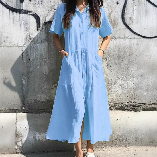 Женское платье с лацканами, короткий рукав, однобортное, повседневное платье с карманами, однотонное