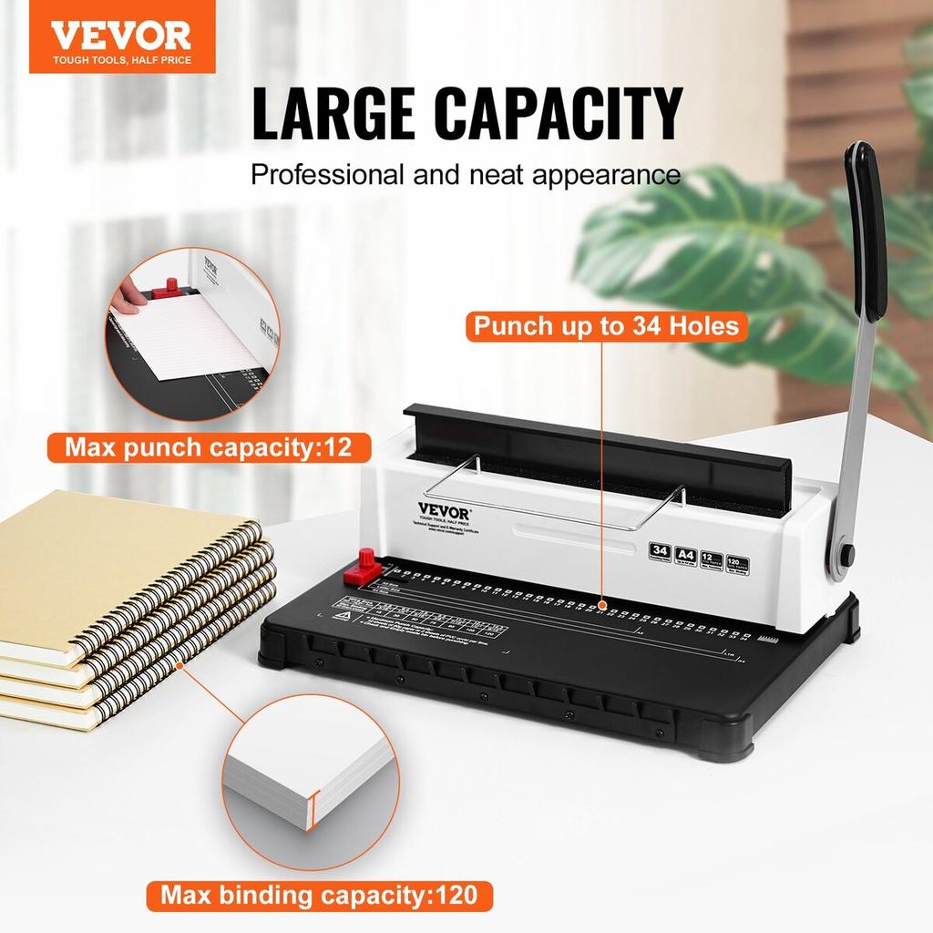 Coil Spiral Binding Machine, Manual Book Maker 34-Holes Binding 120 Sheets, Punch Binder Adjustable 3/16" - 9/16" Coil Binding Spines, for Letter