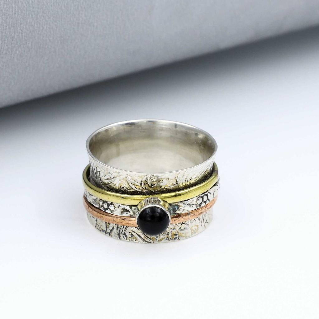 Black Onyx Gemstone Ring, Three Tone Ring, Spinner Band, Bohemian Ring, Silver Jewelry, Labor Day Sale, 925 Sterling Silver
