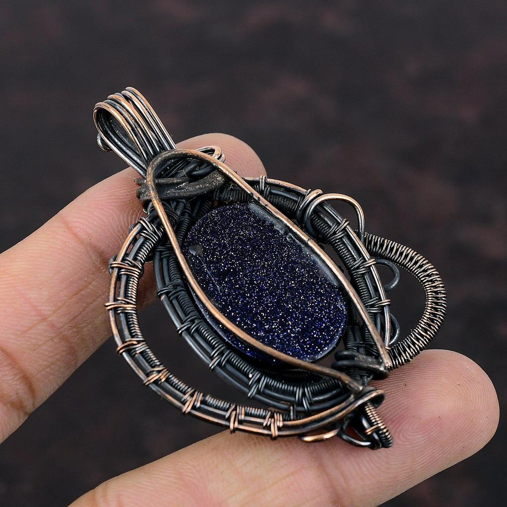 Подвеска из синего солнечного камня, медная проволока, обернутая драгоценным камнем, подвеска из проволочной обмотки, ювелирная подвеска для подарка, подвеска ручной работы, уникальный медный дизайн, ювелирные изделия