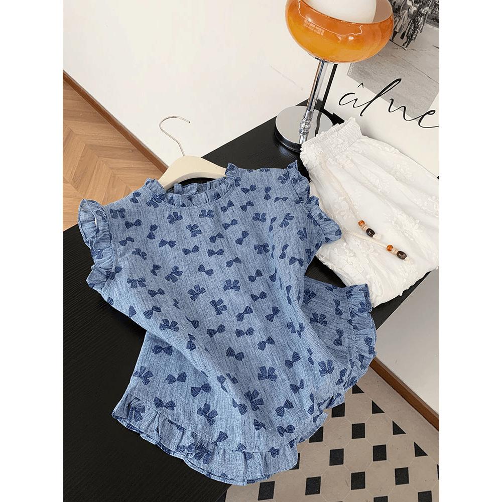 Korean sweet style bow print sleeveless shirt women's summer fashion fungus edge top
