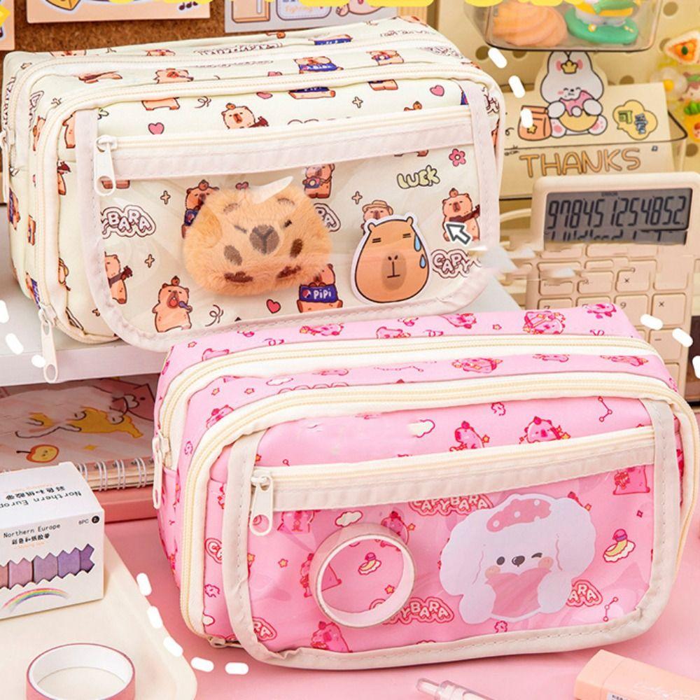 Холщовая сумка для ручек Capybara, многослойная сумка для канцелярских принадлежностей, милые пеналы с мультяшными героями, офисные аксессуары