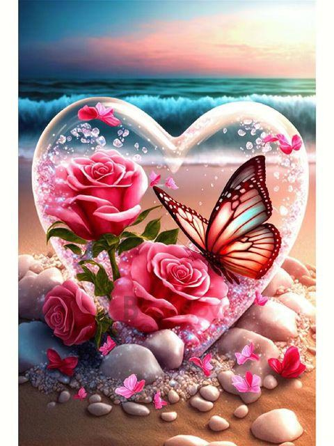 Романтический пляжный пейзаж алмазная живопись Роза Бабочка Любовь DIY Мозаика Алмазная вышивка 5D вышивка крестиком цветок домашний декор S448