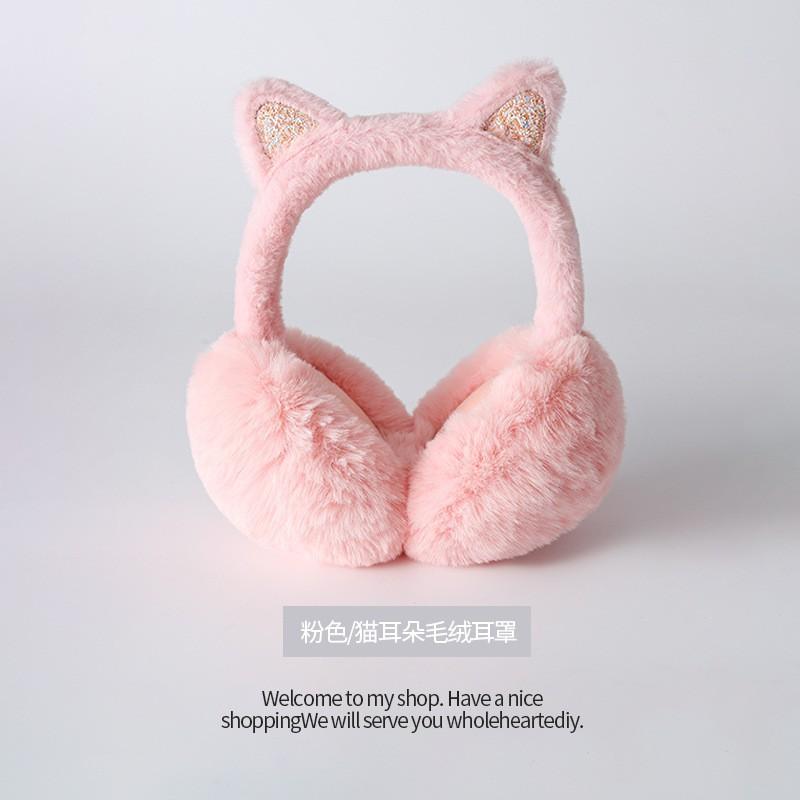 Warm Winter Ear Muffs With Cute Cat Ears - Plush Fleece Lined Foldable Earmuffs Women Men Adults