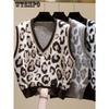 Женский вязаный жилет с V-образным вырезом и леопардовым принтом, жилет на весну и осень, корейский свитер-жилет