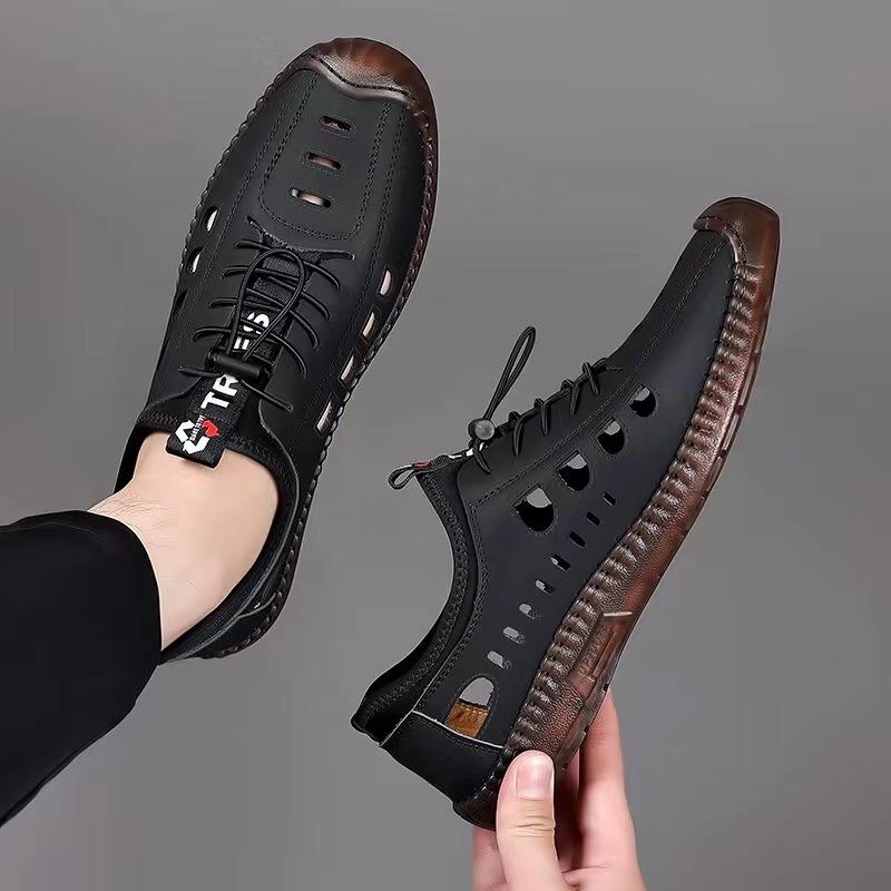 Sandals Men's Spring and Summer New Men's Casual Hollow Breathable Leather Shoes Anti-Slip Soft Sole Bag