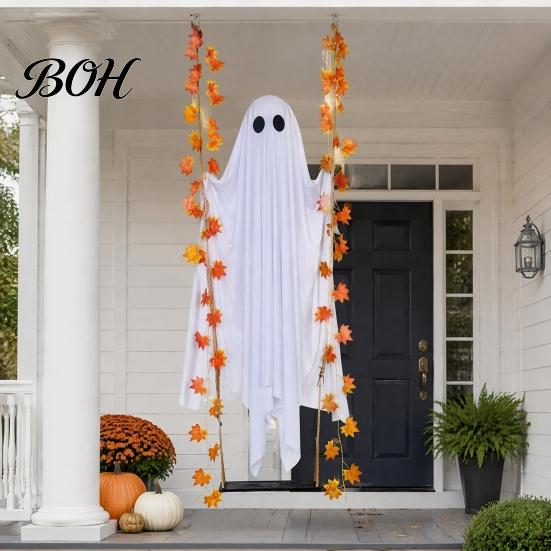 Waterproof Patio Tree Hanging Props Swinging Ghost Halloween Decoration for Outdoor Garden Yard, Weighted Fabric Flying on A Swing with LED