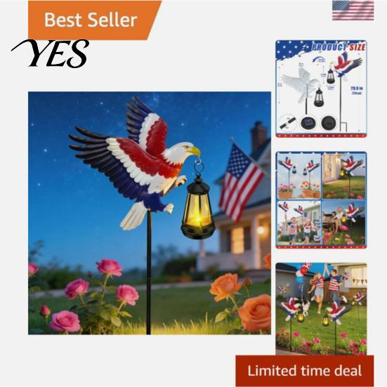 Solar Eagle Garden Stake American with Lantern, 250th Anniversary Yard Art Stake, 4th Outdoor of July Metal Decoration for Lawn Patio Porch