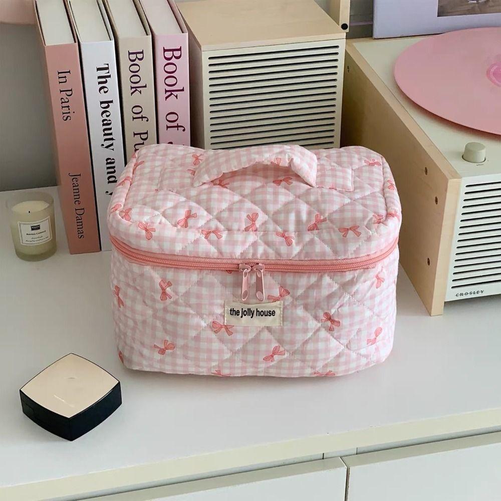 Korean Style Lattice Cosmetic Bag Large Capacity Portable Makeup Bag Sweet Cute Storage Bag Girls