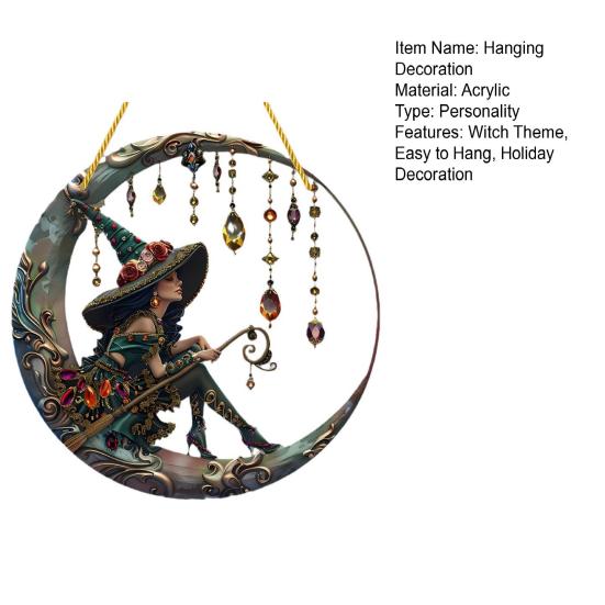 Halloween Moon Witch Hanging Decoration Stained Glass 2D Flat Acrylic Faux Crystal Pendant Witch Suncatcher Wall Window Hanging Sign Ornament