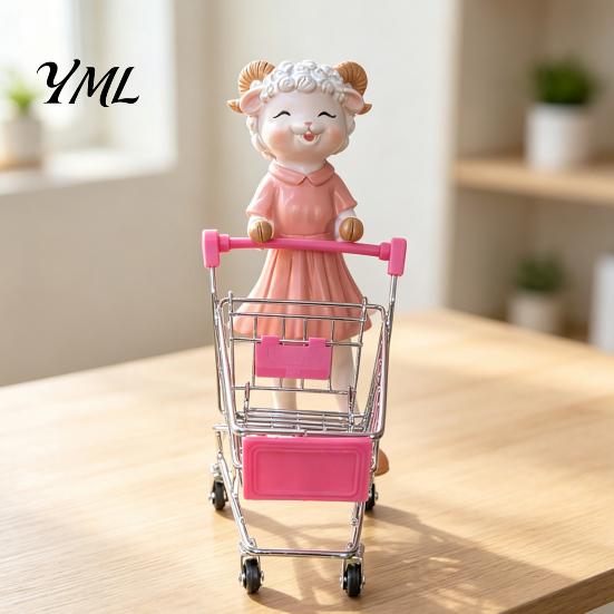 Holiday Gift for Her Cartoon Sheep Shopping Cart Figurine, Mini Grocery Trolley Toy with Lamb, Adorable Animal Ornament Cute Desk Decor Kids,