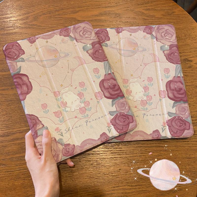 For IPad Pro 12.9 21/20/19 Rose Planet Air4/5 10.9 Air 3 10.5 Air2/1 2017/2018 Gen5/6 9.7 Flip Stand Silicone Protective Case Cover with Pen Slot