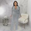 European & American Women's Sexy V-Neck Puff Sleeve Shiny Knit Jumpsuit