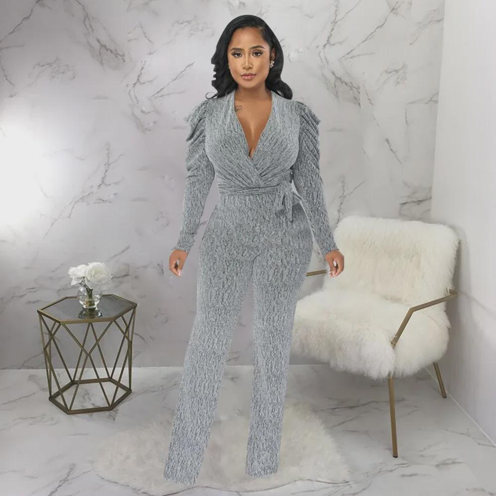 European & American Women's Sexy V-Neck Puff Sleeve Shiny Knit Jumpsuit