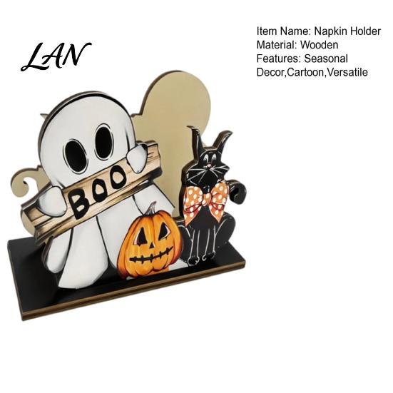 Cute Cartoon Pattern Decor Halloween Wooden Napkin Holder, Black Cat Mummy Pumpkin Table Desktop Organizer for Party, Spooky Festive Kitchen