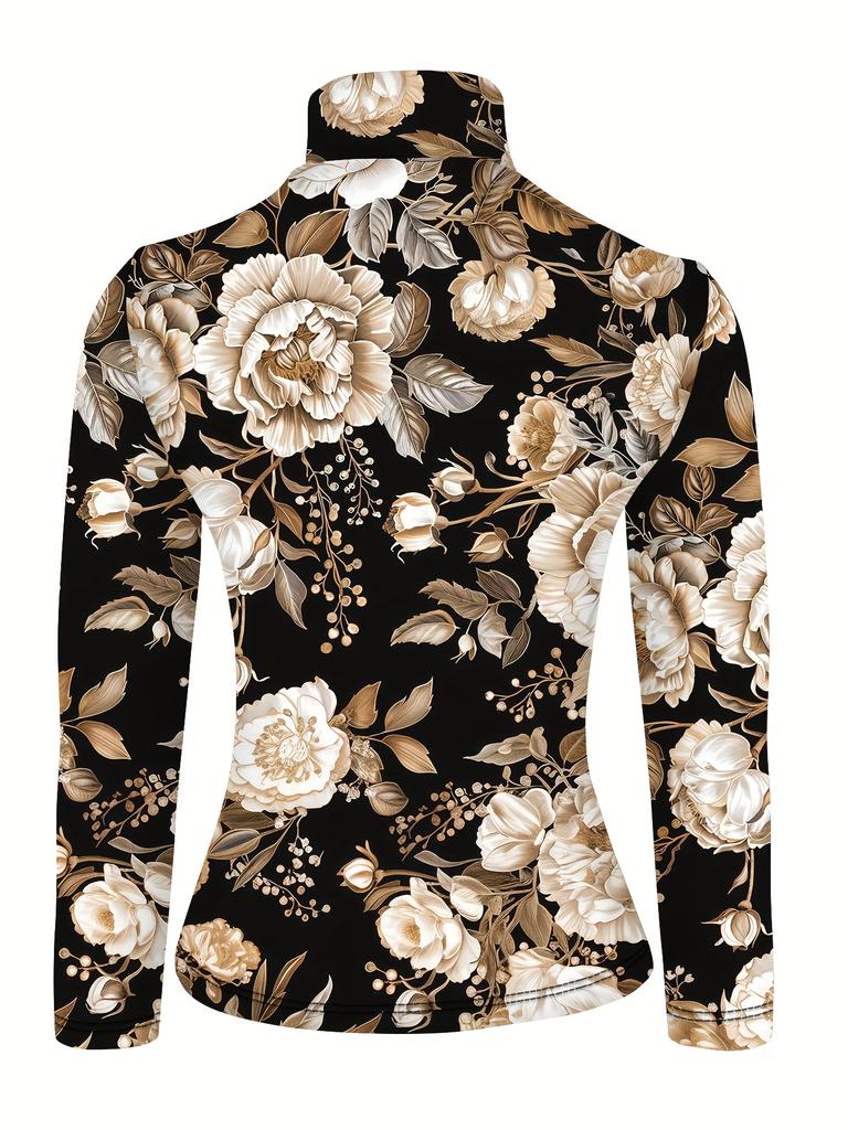 Ladies Sexy Floral Print Turtleneck Long Sleeve T-Shirt Bottom Top