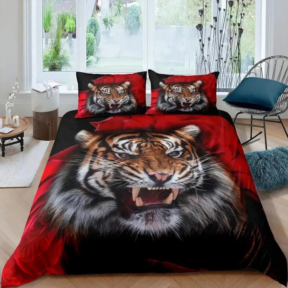 Tiger Duvet Cover Sets Full Size King Size,African Animals Bedding Set,Tropical Wild Animal Comforter Cover Quilt Cover