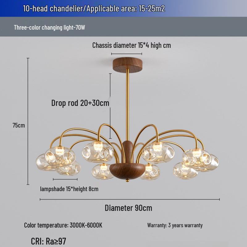 American Retro Walnut and Glass Chandelier for Living Room