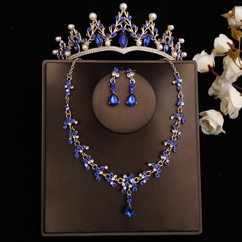 DIEZI Baroque Bridal Rhinestone Crown Tiaras For Women Wedding Princess Queen Blue Crystal Tiaras Necklace Earrings Jewelry Sets