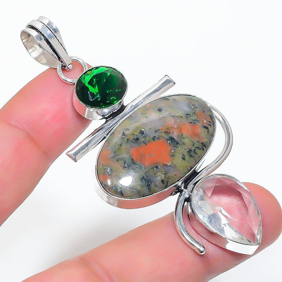 Подвеска из стерлингового серебра 925 пробы с натуральным унакитом и диопсидом 2,80 дюйма F2V85