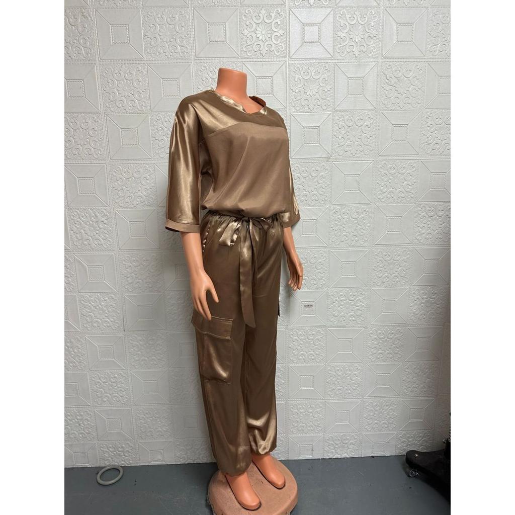 Женский комплект, однотонный комплект из гладкого атласа, топ с рукавами три четверти и брюки, комплект из двух предметов