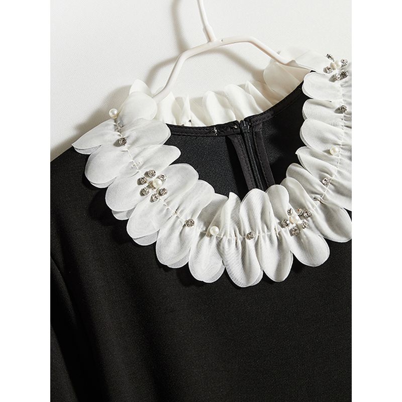 Цифровая резка Трехмерный воротник-лепесток Черное платье! Женское осенне-зимнее платье из смесового хлопка с драпировкой, оборкой «рыбий хвост», длинными рукавами и карманами