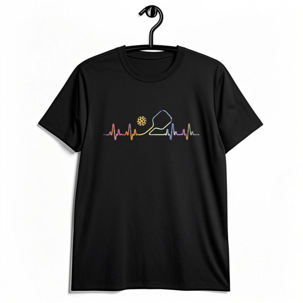 Rainbow Heartbeat Pickleball Paddle Graphic Unisex Cotton T Shirt Cool Pickleball Player Tee Summer Outdoor Sport Casual Tops Gift