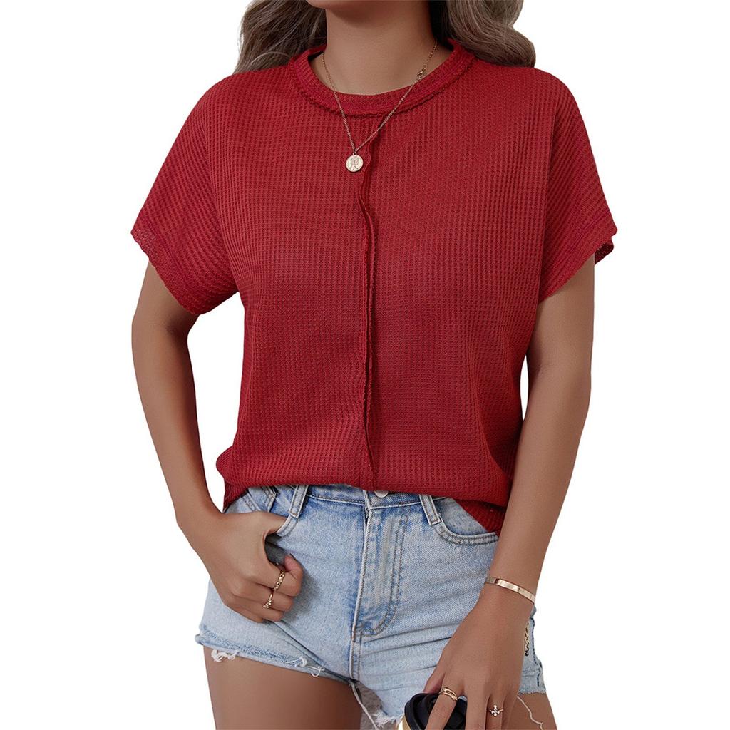 Women's Fashion Solid Color Round Neck Short Sleeved Pullover Casual T-shirt Top