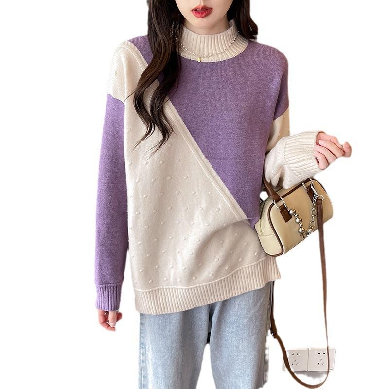Осень-зима Модный стиль Женские цветные блоки с полувысоким воротом Свободные и универсальные повседневные женские свитера