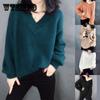 Свитер с v-образным вырезом, женский пуловер с рукавами-фонариками, свободная модная трикотажная нижняя рубашка, осень и зима