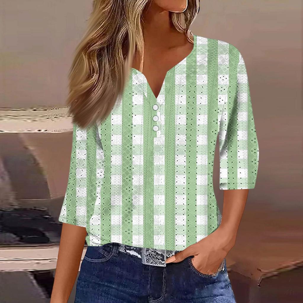 Женская модная футболка с V-образным вырезом, пуговицами, рукавами семь, повседневная полосатая клетчатая футболка с принтом