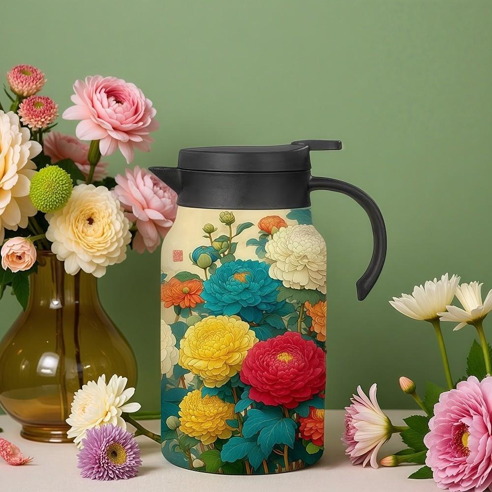 Chinese Style Retro Flower Insulated Kettle Hot Water Stainless Steel Vacuum Flask Vintage Floral Printing Water Cup for Outdoor