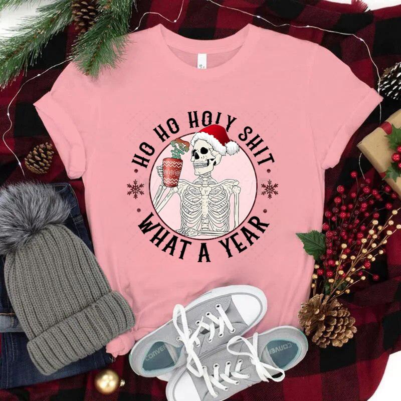 Ho Ho Ho Christmas Short Sleeve Tshirt for Women Christmas Santa Hat Skull Street Style Clothes Women Trendy New Year Tshirt