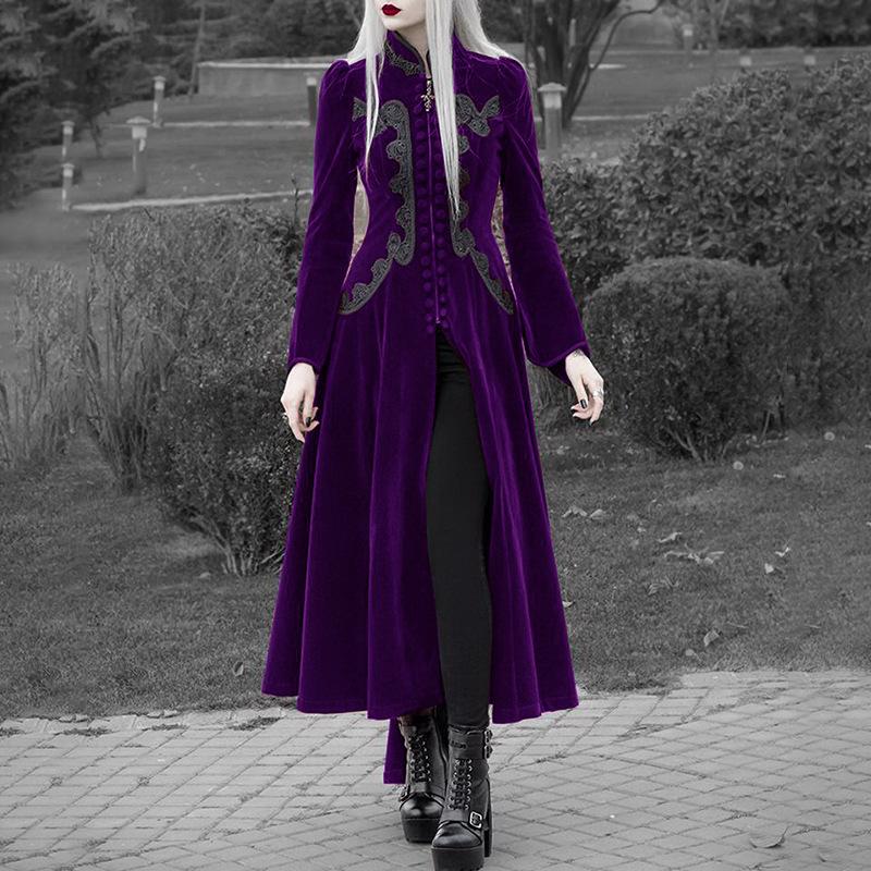 FiveFive Autumn Winter Trench Coat Outerwear Medieval Cosplay Costume Women Fashion Long Sleeve Velvet Tailcoat Jacket Vintage Gothic Long Dress Coat