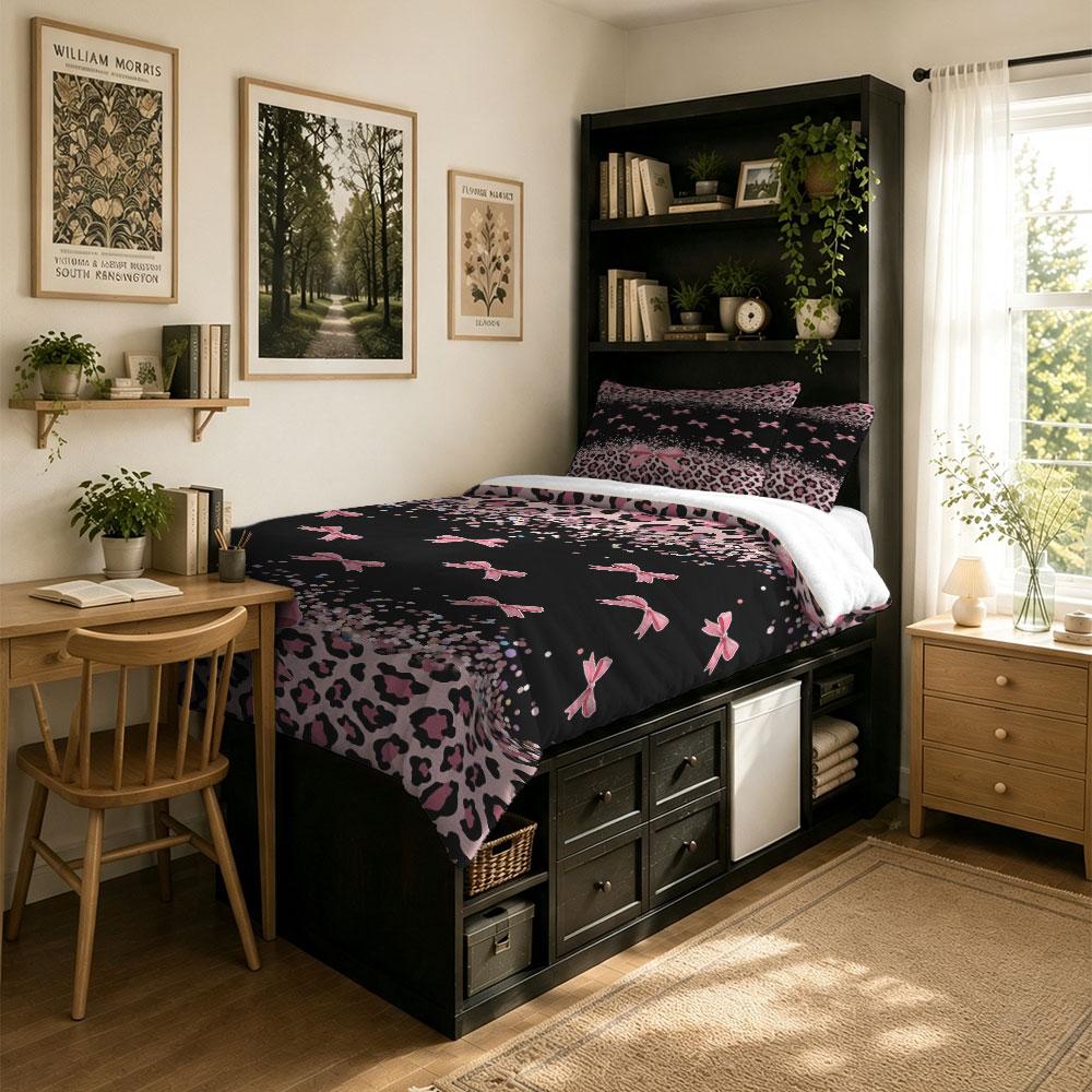 3PCS Pink Leopard Print Bow Ribbon Sequin Milk Velvet Bedding Set Soft Warm Winter Unfilled 1 Duvet Cover 2 Pillowcases Home