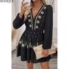 MODIQUE 2025 Summer New Ladies Elegant Retro Floral Embroidery Lantern Sleeve Deep V-Neck Elastic Waist Pleated Short Dress