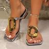 Luxury Large Metal Hollow Clip Toe Slippers Square Head Flip Flops Soft Sole Comfortable Low Platform Sandals