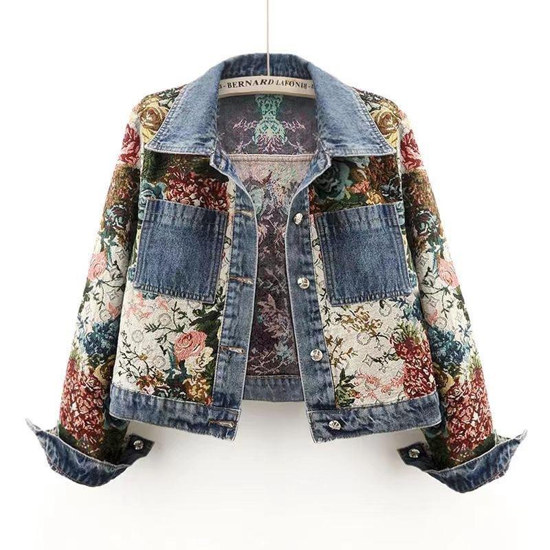 2024 New Versatile Printing Splicing Long-sleeved Lapel Denim Jacket Women's Trendy Brand Short Small Top Jacket