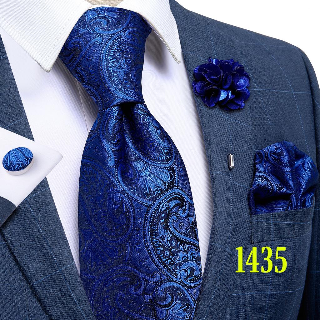 Classic 8.5cm Necktie Set for Men Paisley Tie Fashion Flower Lapel Pin Silk Tie Hanky Cufflink Business Party